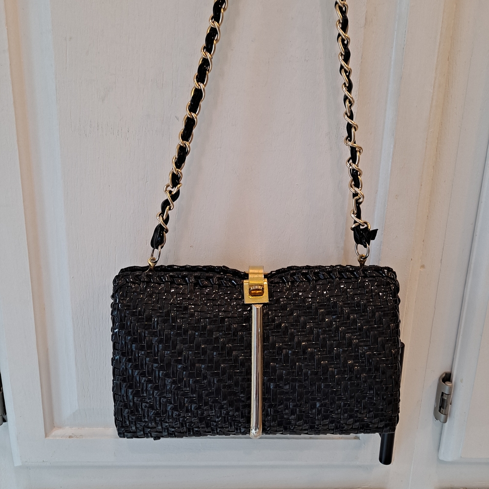 Ronora Hong Kong Vintage Elegant Black Vinyl Wicker Woven Bag w/Gold Accents